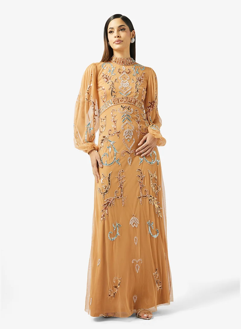 Frock and Frill Embellished Puff Sleeve Maxi Dress